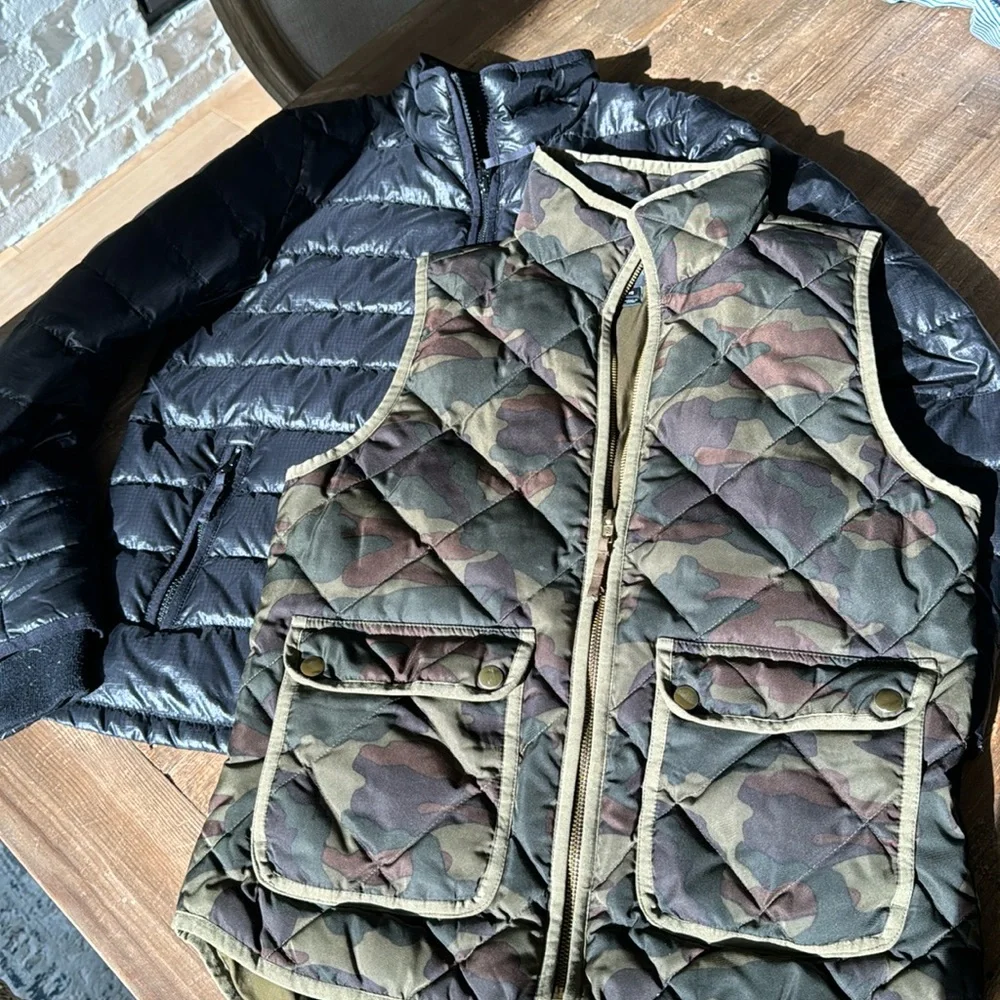 Jcrew black puffer coat and green camo vest, size S and XS, classic, christmas - Picture 1 of 5